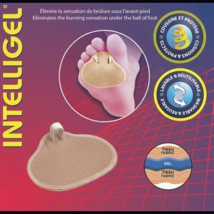 Intelligel© Gel Metatarsal Pillow - Designed to protect and comfort the ball of the foot.  The gel is sandwiched in between 2 layers of fabric and helps to relieve vertical pressure while simultaneously absorbing shear forces responsible for the burning sensation under the ball of the foot, Reduce pain or eliminate plantar keratosis (deep calluses) and arthritis. Call The Comfort Zone Mobility Aids & Spas for Pricing 250 724 4477 or email info@albernicomfortzone.com