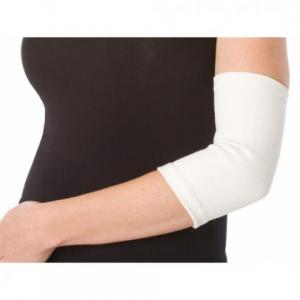 Pull-on white cotton/elastic elbow support for mild compression to address minor elbow strains, sprains, or edema. Ideal for mild compression and support of the elbow
