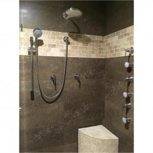 Walk in Shower installation with mixed tile and tile base, done by The Comfort Zone Mobility Aids & Spas in Port Alberni, Vancouver Island, BC.  Call to set up an appointment for your onsite survey so that we can provide you with an accurate quote 250 724 4477 or email info@albernicomfortzone.com 
