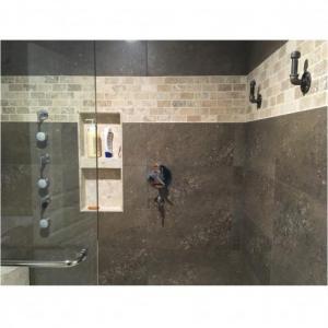Walk in Shower installation with mixed tile and tile base, done by The Comfort Zone Mobility Aids & Spas in Port Alberni, Vancouver Island, BC.  Call to set up an appointment for your onsite survey so that we can provide you with an accurate quote 250 724 4477 or email info@albernicomfortzone.com 
