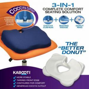 KABOOTI - This solution to seating combines the best features and benefits of a ring-shaped donut cushion, a coccyx cushion and a traditional seating wedge. Includes a machine washable, stretch, blue fabric cover. Dimensions: 17.5" wide x 13.5" deep; 3.25" high tapering to 1.5"; Coccyx Cutout: 3" wide; Donut Ring Cutout: 7.5" wide x 3" deep. Latex free. Call The Comfort Zone Mobility Aids & Spas for Pricing 250 724 4477 or email info@albernicomfortzone.com